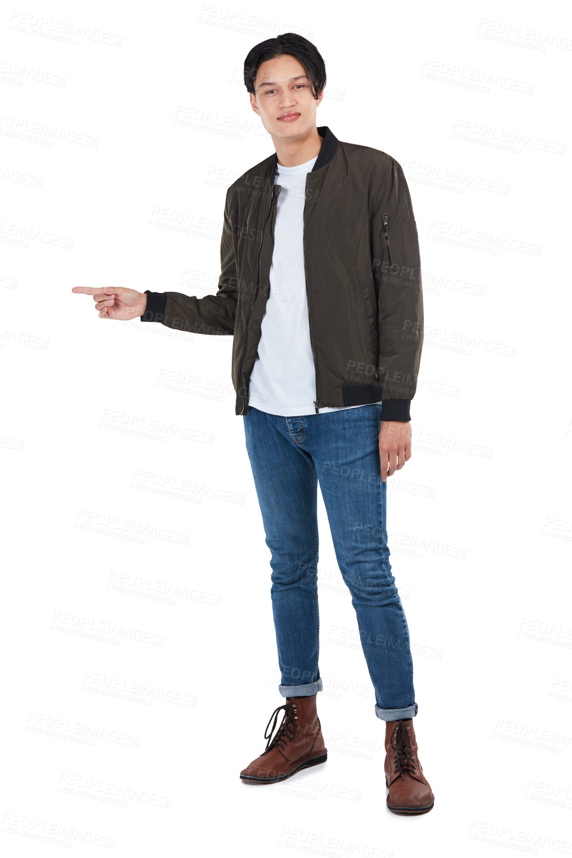 Buy stock photo Idea, mockup and pointing with portrait of man for question, product and deal choice. Target, solution and sales with isolated guy for discount, decision and planning in white background studio