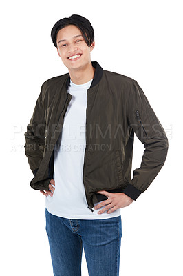 Buy stock photo Happy, stylish and portrait of an Asian man smiling isolated on a white background in a studio. Fashionable, smile and pose of a young attractive Japanese model with confidence on a backdrop