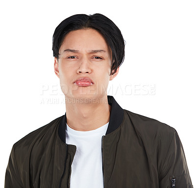 Buy stock photo Sad, upset and portrait of an Asian man in studio with an upset, depressed and fear face expression. Frustrated, depression and male model from Asia with unhappy emotion isolated by white background.