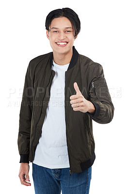 Buy stock photo Success, thumbs up and portrait of man in studio isolated on a white background. Ok hand gesture, like emoji and male model with thumbsup for motivation, support or approval, thank you or agreement.
