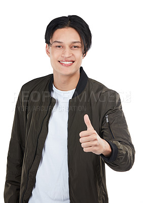 Buy stock photo Thumbs up, success and portrait of man in studio isolated on a white background. Ok hand gesture, like emoji and male model with thumbsup for motivation, support or approval, thank you or agreement.