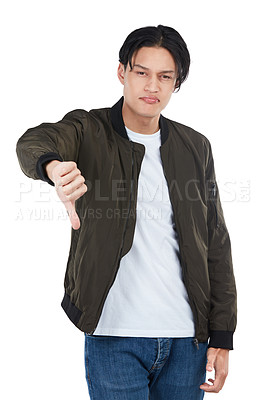 Buy stock photo Fail, thumbs down and portrait of man in studio isolated on white background. Dislike hand gesture, failure emoji or sad male model with sign for disagreement, rejection or negative review, bad or no