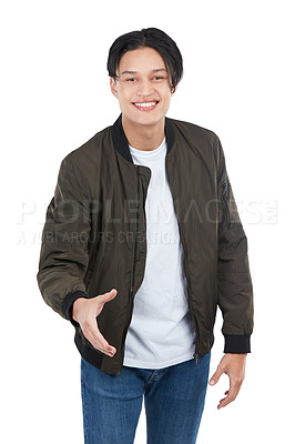 Buy stock photo Fashion portrait, man and handshake in studio isolated on white background. Thank you, greeting and happy male model shaking hands for deal, agreement or contract, onboarding or welcome introduction.