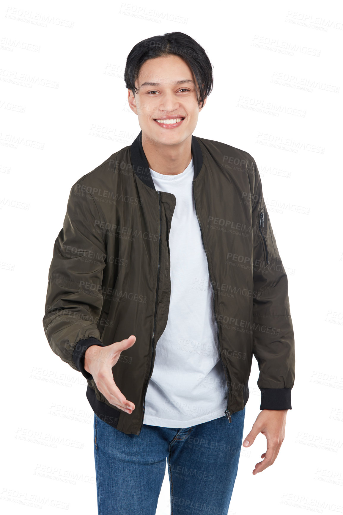 Buy stock photo Fashion portrait, man and handshake in studio isolated on white background. Thank you, greeting and happy male model shaking hands for deal, agreement or contract, onboarding or welcome introduction.