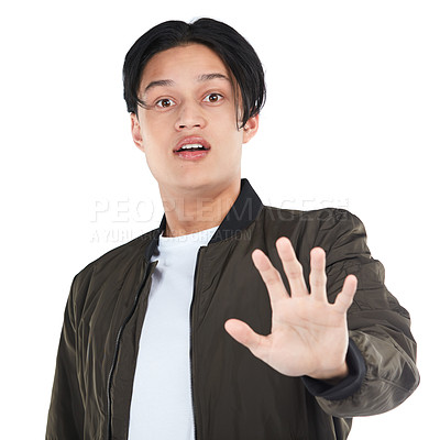 Buy stock photo Young man, surprise and stop hand sign in portrait with caution, danger and shock isolated on white background. Palm, emoji and gen z youth with wow facial expression and body language marketing