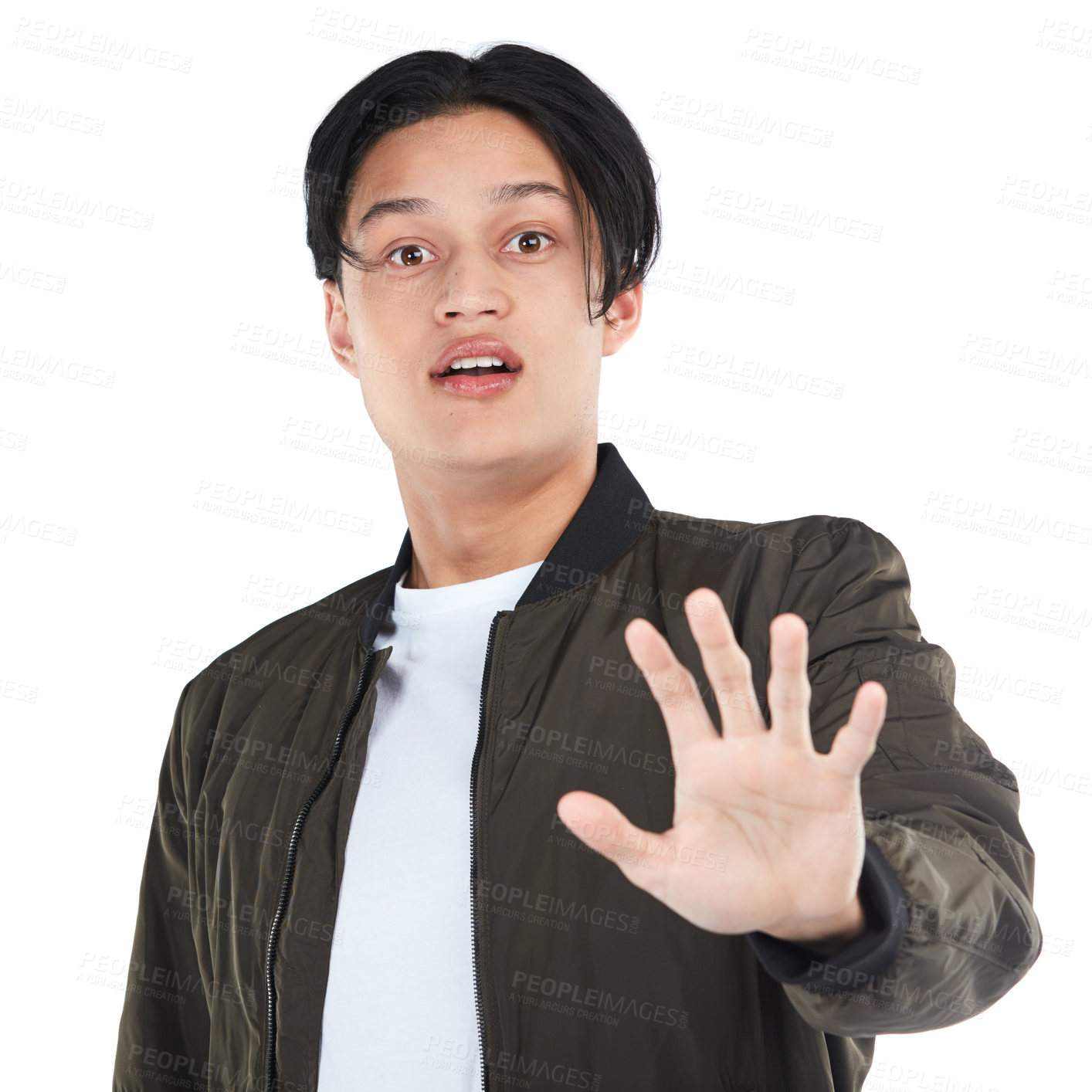 Buy stock photo Young man, surprise and stop hand sign in portrait with caution, danger and shock isolated on white background. Palm, emoji and gen z youth with wow facial expression and body language marketing