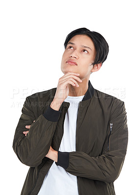 Buy stock photo Thinking, idea and Asian man with a problem isolated on a white background in a studio. Solution, decision and thoughtful Japanese person with ideas, planning and problems on a studio background