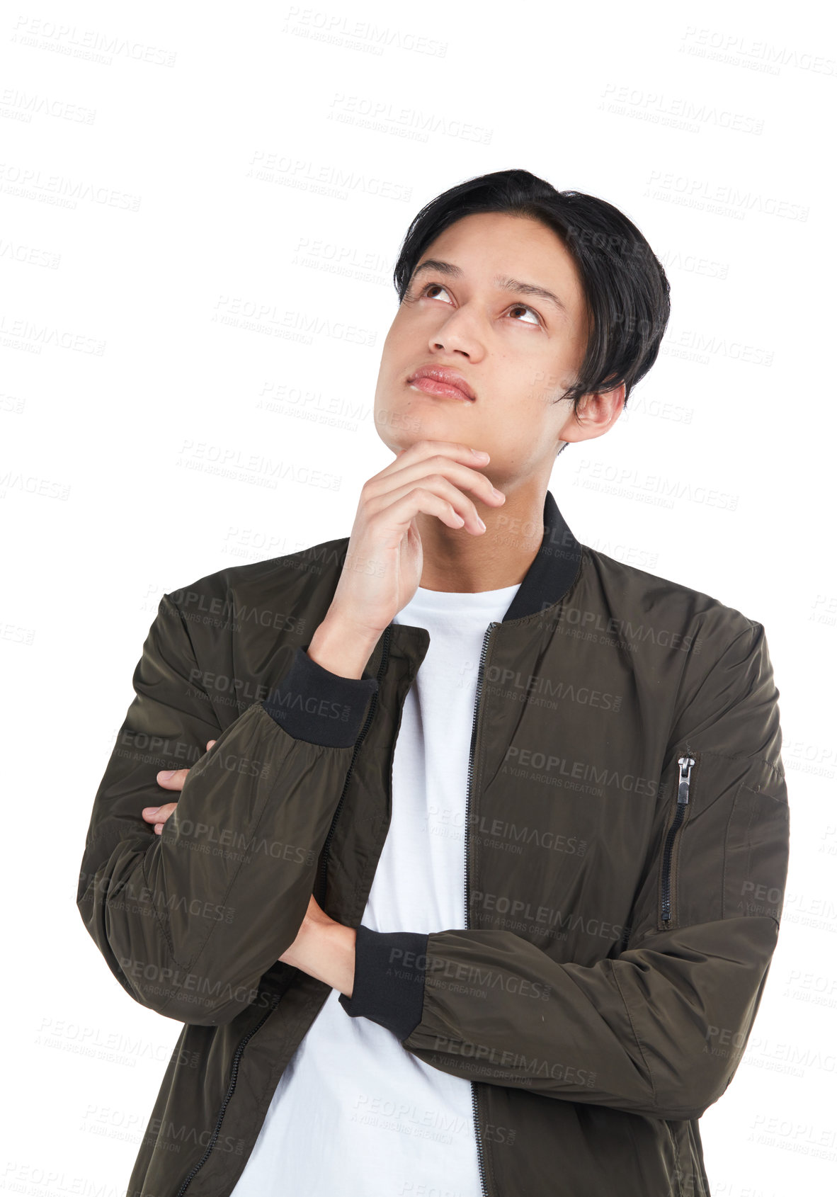 Buy stock photo Thinking, idea and Asian man with a problem isolated on a white background in a studio. Solution, decision and thoughtful Japanese person with ideas, planning and problems on a studio background