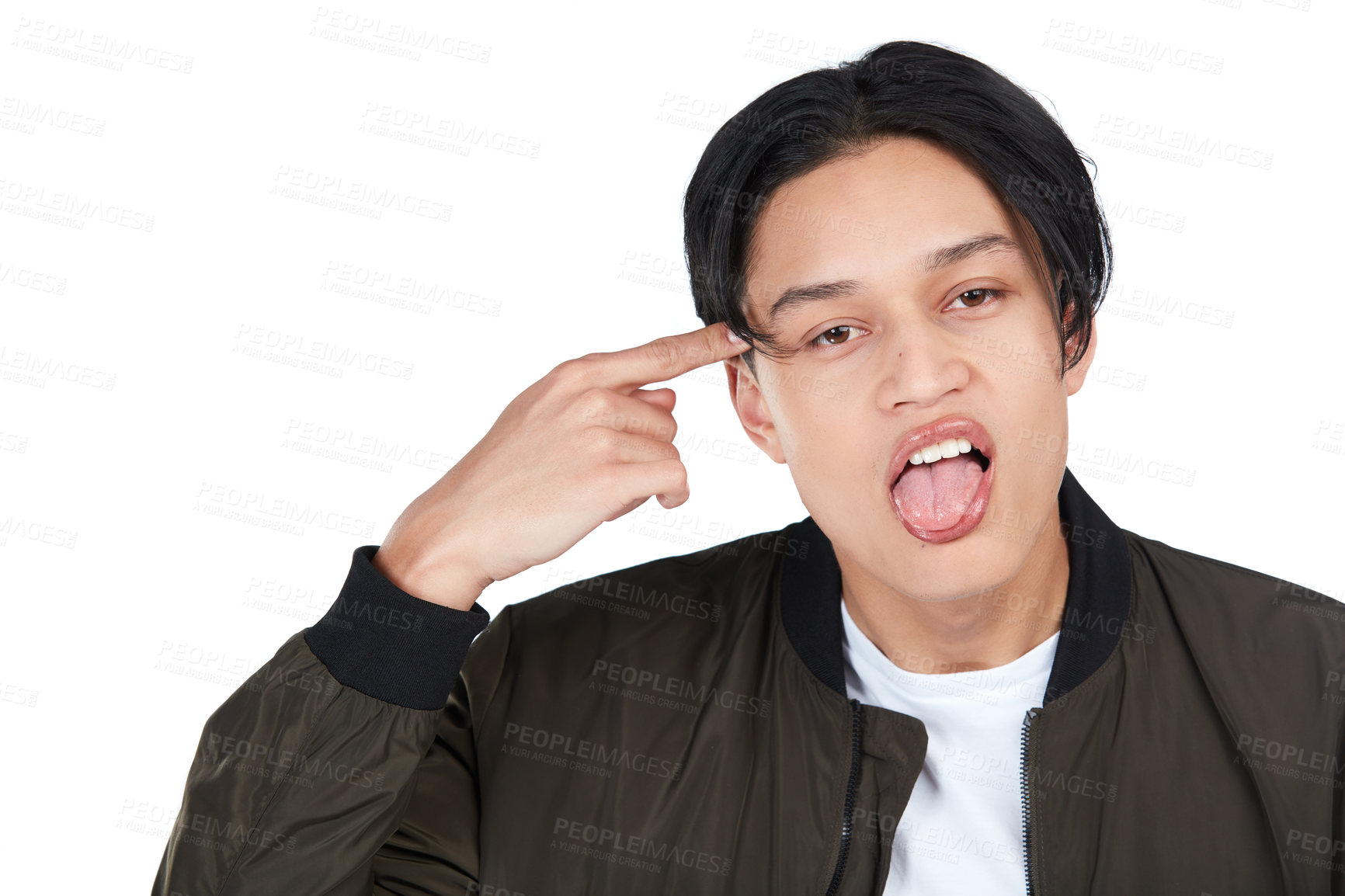 Buy stock photo Portrait, rude and crazy with an asian man in studio isolated on a white background pointing at his head. Face, angry and frustrated with a young male on blank space making a gesture in disrespect