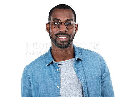 Buy stock photo Young black man, face and success smile ready isolated in white background studio for casual happiness. African man, happy lifestyle and positive mindset energy, confidence and proud model portrait