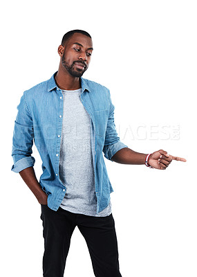Buy stock photo Idea, mockup and pointing with portrait of black man for question, product and deal. Target, solution and sales with hand gesture of isolated guy for discount, decision and choice in white background