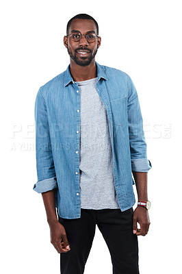Buy stock photo Young black man, smile portrait and standing ready isolated in white background for casual happiness. African man, happy lifestyle and positive mindset or happiness energy, confidence and success