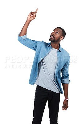 Buy stock photo Idea, mockup and pointing up with black man for question, product and deal choice. Target, solution and sales with isolated guy and hand gesture for discount, decision or planning in white background