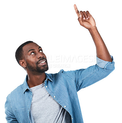 Buy stock photo Idea, mockup and pointing with portrait of black man for question, product and deal choice. Gesture, promo and goal with isolated guy for offer, decision and planning in white background studio