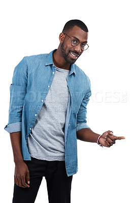 Buy stock photo Happy, mockup and pointing with portrait of black man and idea for question, product or deal choice. Promotion, smile and offer with isolated guy for goal, decision or planning in white background