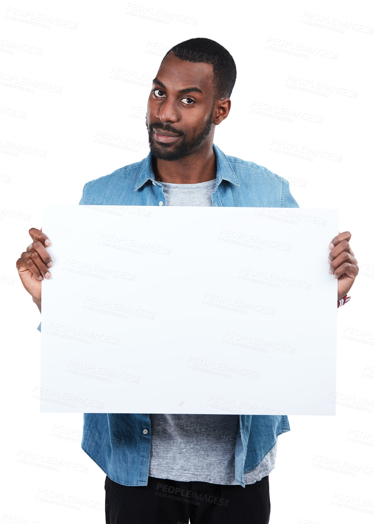 Buy stock photo Sign, portrait and black man with poster for mockup, marketing or advertising space in studio isolated on a white background. Product placement, branding and male with banner for mock up or promotion