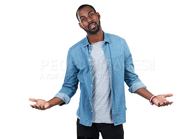 Buy stock photo Portrait, shrug and mockup with a black man in studio isolated on a white background asking what or why. Doubt, hands and question with a handsome young male shrugging on blank marketing space