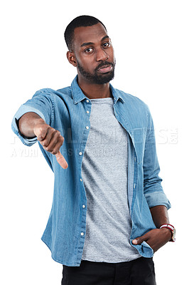 Buy stock photo Thumbs down, fail and portrait of black man in studio isolated on white background. Dislike hand gesture, emoji and sad male model with sign for disagreement, rejection or negative review, bad or no