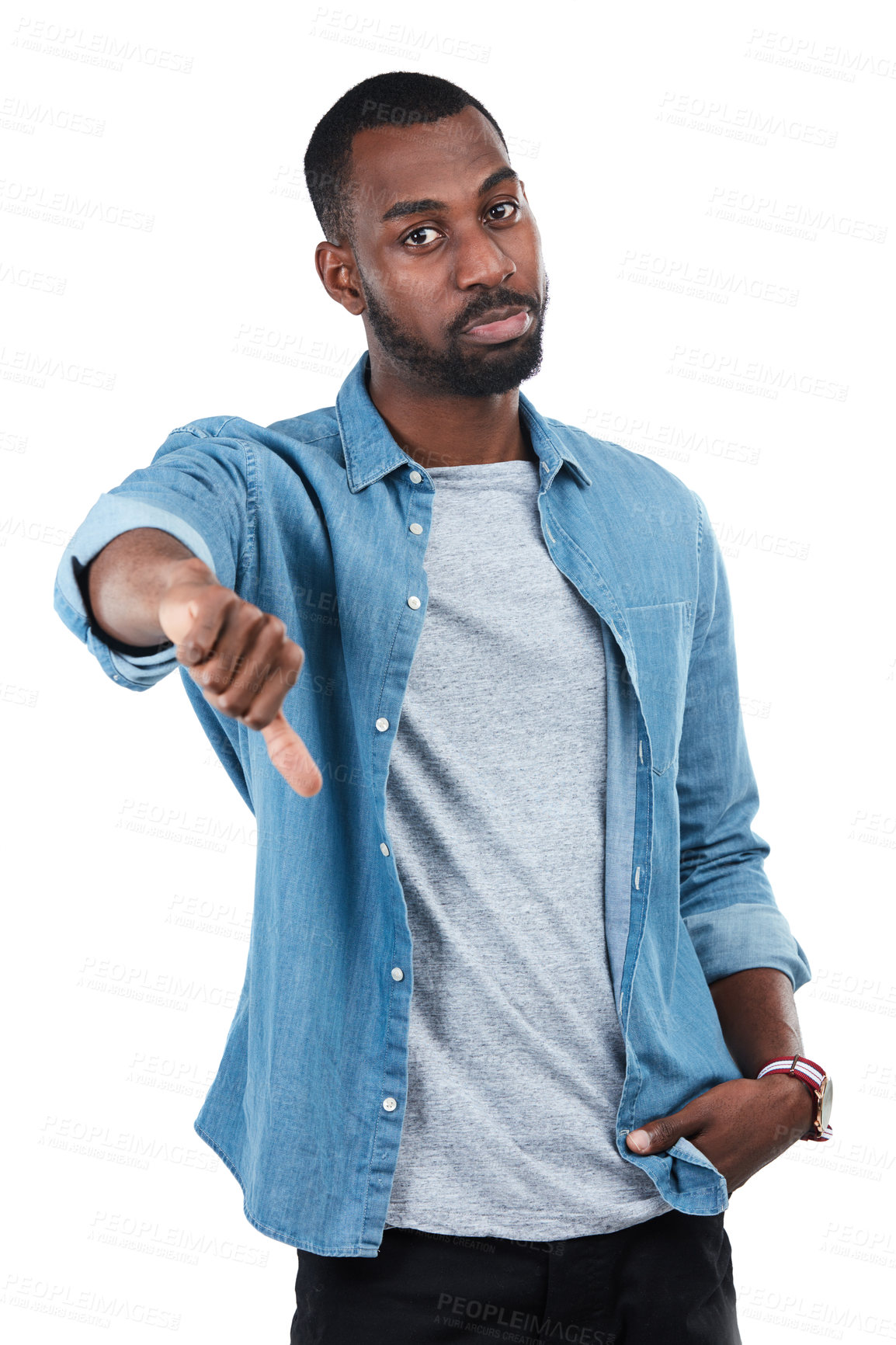 Buy stock photo Thumbs down, fail and portrait of black man in studio isolated on white background. Dislike hand gesture, emoji and sad male model with sign for disagreement, rejection or negative review, bad or no