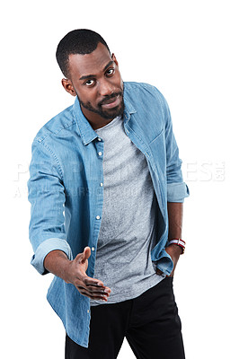 Buy stock photo Fashion portrait, handshake and black man in studio isolated on white background. Thank you, greeting and male model shaking hands for deal, agreement or contract, onboarding or welcome introduction