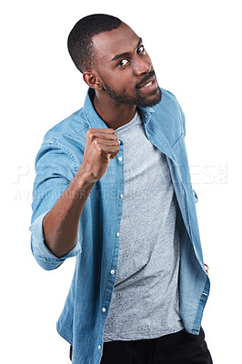 Buy stock photo Portrait, fist and warning with a black man in studio isolated on a white background ready for a fight or conflict. Hand, serious and threat with a young male on blank space to warn or threaten