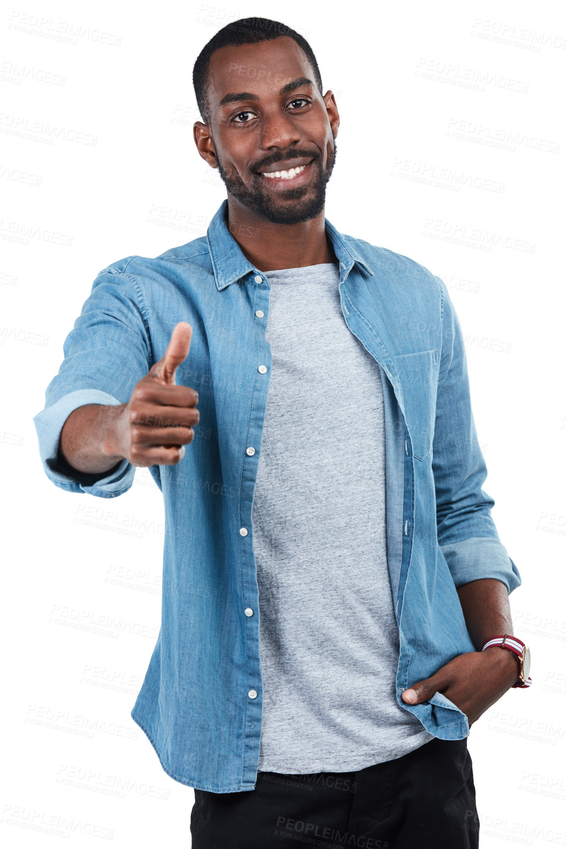 Buy stock photo Thumbs up, success and portrait of black man in studio isolated on a white background. Ok hand gesture, like emoji and male model with sign for motivation, support or approval, thank you or agreement