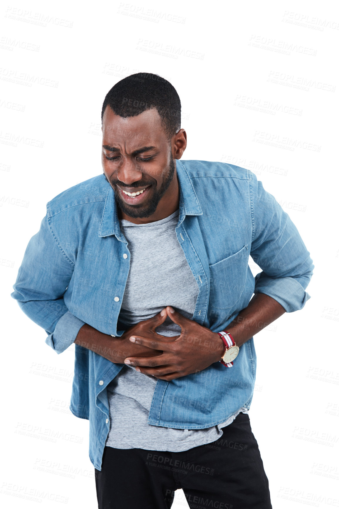 Buy stock photo Stomach pain, sick and black man with ibs gas isolated on a white background in a studio. Medical, painful and African person with a digestion problem, health emergency and diarrhea on a backdrop