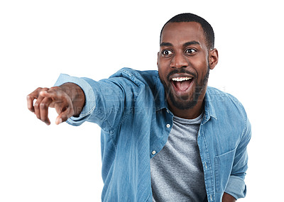 Buy stock photo Black man, pointing and studio portrait with excited smile, motivation or vision by white background. Isolated African model, man and hand sign for direction, career goal and future with edgy fashion
