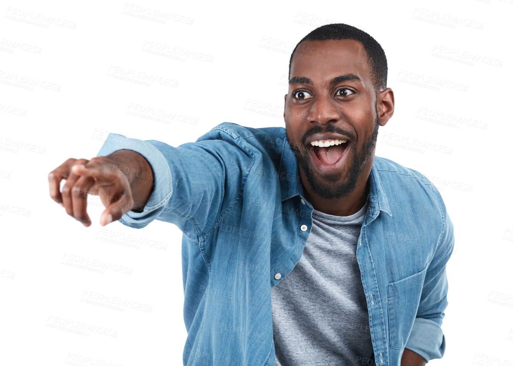 Buy stock photo Black man, pointing and studio portrait with excited smile, motivation or vision by white background. Isolated African model, man and hand sign for direction, career goal and future with edgy fashion