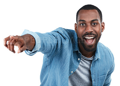 Buy stock photo Portrait, black man and pointing for decision, smile and guy isolated on white studio background. Face, Nigerian male person and gentleman with gesture for product placement, choice and wow backdrop