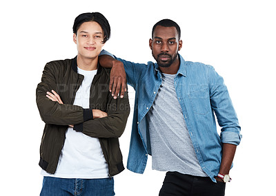 Buy stock photo Fashion, men and portrait of friends in a studio with casual, stylish and trendy cool outfits. Interracial, friendship and young male models with style and luxury clothes isolated by white background
