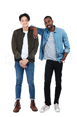 Buy stock photo Happy, friends and men fashion portrait of full body in trendy, cool and casual person style. Happiness in interracial friendship of young people together in isolated studio white background.