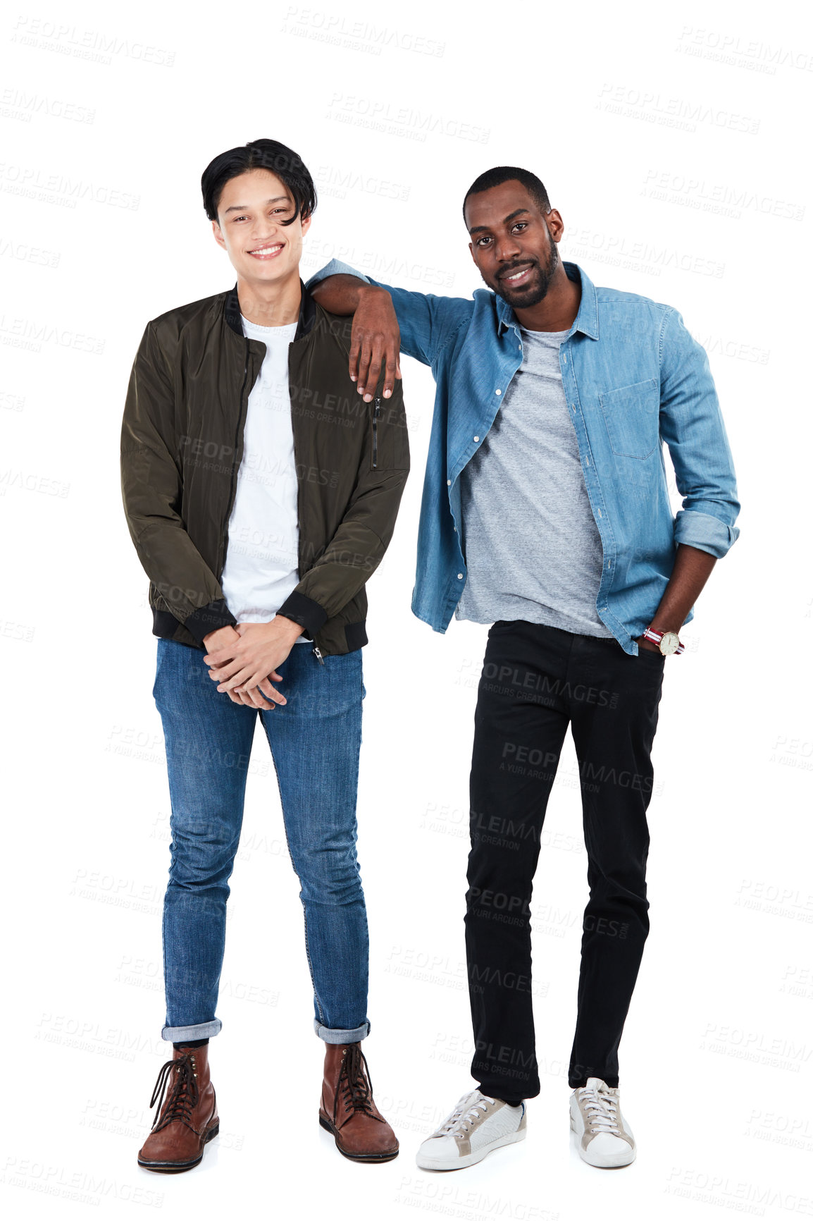 Buy stock photo Happy, friends and men fashion portrait of full body in trendy, cool and casual person style. Happiness in interracial friendship of young people together in isolated studio white background.