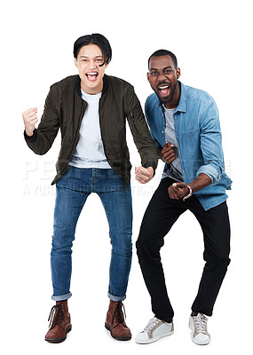 Buy stock photo Success, win and portrait of friends cheering isolated on white background in studio. Winning, diversity and men with happiness, motivation and smile on a studio background with mockup space
