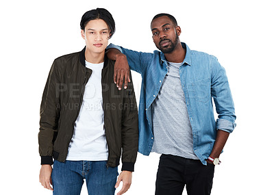 Buy stock photo Two young men, studio portrait and friends at college for confidence, motivation or goals by white background. Isolated gen z students, black man and asian man with support, diversity and solidarity