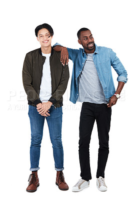 Buy stock photo Trendy men and friends portrait in studio of full body in edgy, cool and casual person fashion. Happy interracial friendship of young people together in isolated white background with smile.