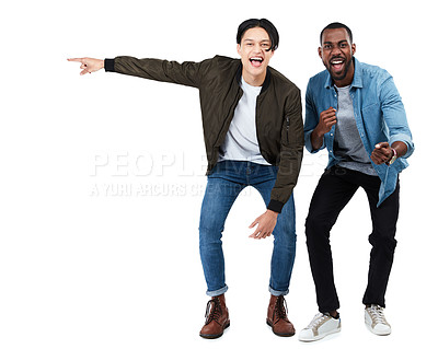 Buy stock photo Celebration, motivation and portrait of friends cheering isolated on white background in studio. Winning, diversity and men with happiness, success and smile on a studio background with mockup space