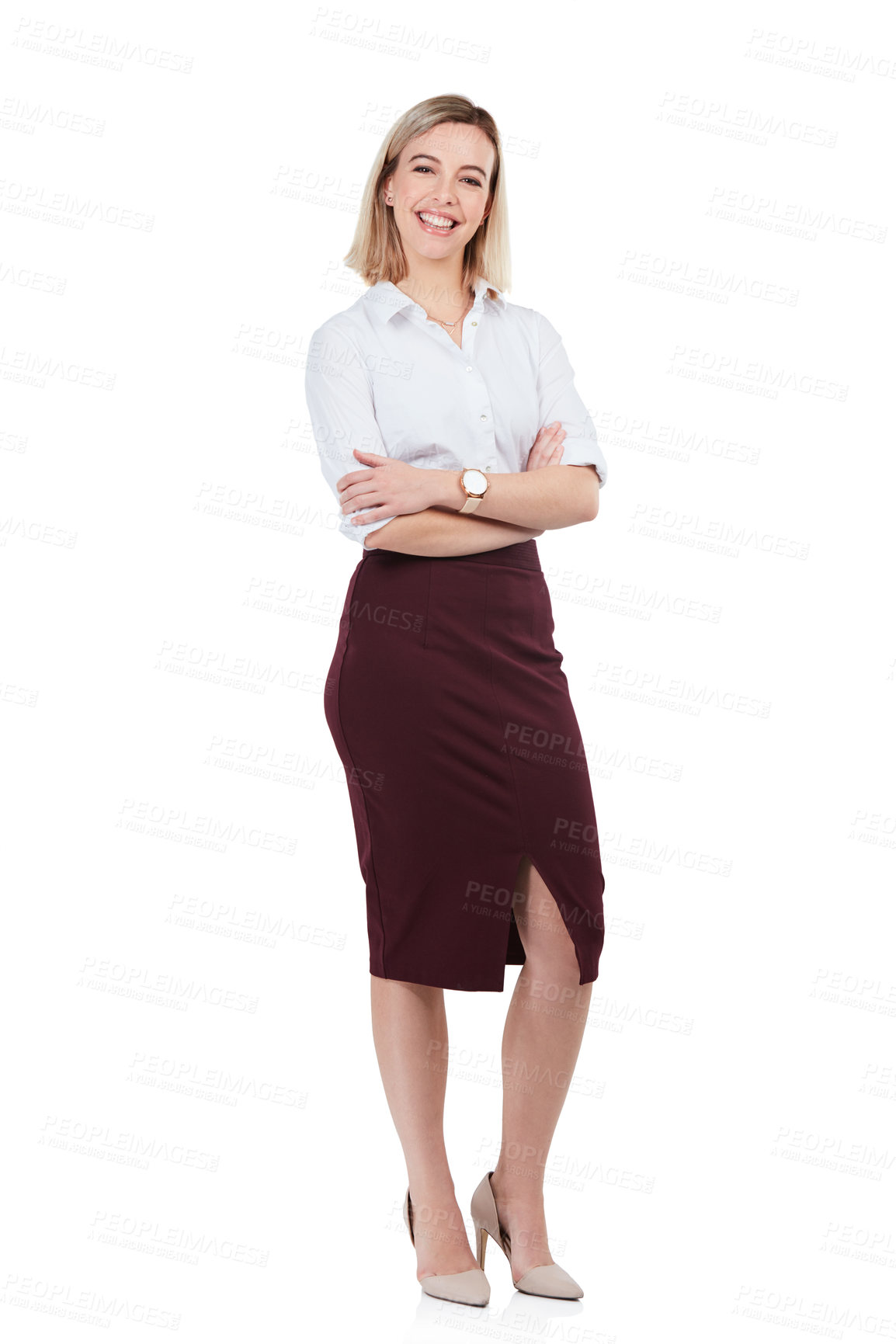 Buy stock photo Business woman with arms crossed in portrait with smile, success with empowerment isolated on white background. Corporate, vision and career goals, mindset and professional leader and job mockup