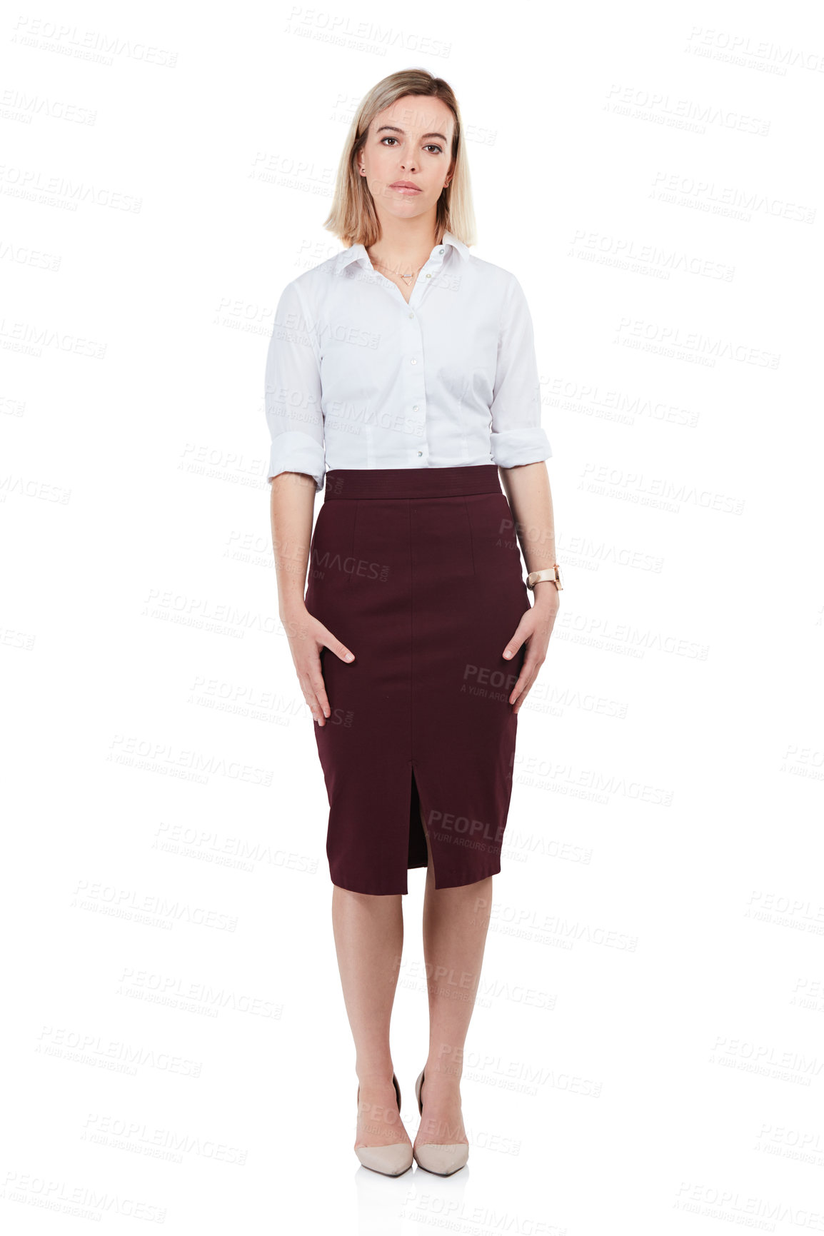 Buy stock photo Woman, corporate portrait and studio with confidence, vision or career goals by white background. Isolated young business leader, workplace fashion or serious for mission, entrepreneurship or success