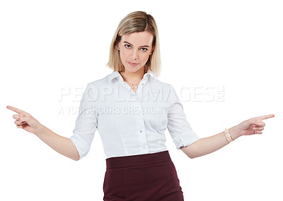 Buy stock photo Business woman, hands point and portrait of a corporate worker white isolated white background. Direction hand gesture, model and standing female with corporate clothes and style with mockup