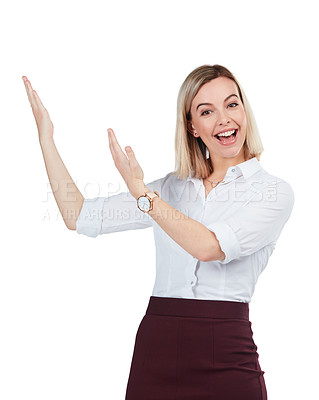 Buy stock photo Advertising, promotion and woman on a white background with hand for deal, discount and display sign. Mockup, presenting and isolated girl with gesture for showing, information and product placement