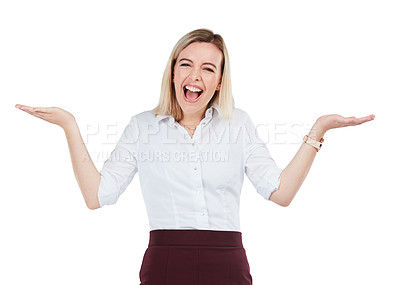 Buy stock photo Business woman, shocked face and hands for surprise, announcement in isolated white background. Young female, excited facial expression and question or amazed hand gesture in white background studio