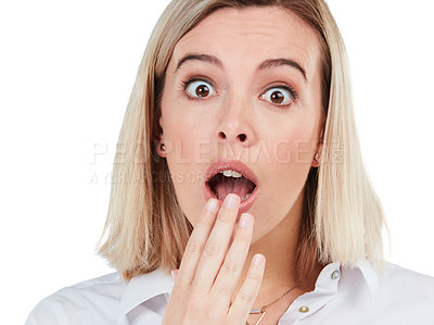 Buy stock photo Secret, stress and portrait of woman in studio with bad surprise, problem or wtf moment of people. Fear, anxiety and shock gasp of young corporate person at isolated white background.

