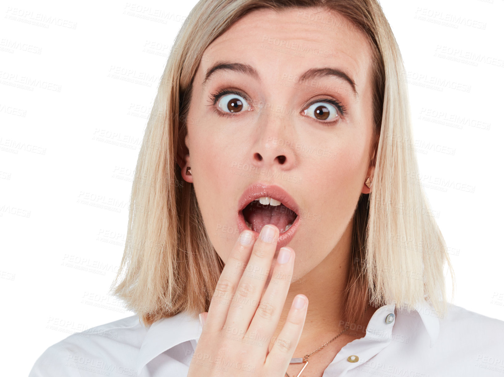 Buy stock photo Secret, stress and portrait of woman in studio with bad surprise, problem or wtf moment of people. Fear, anxiety and shock gasp of young corporate person at isolated white background.

