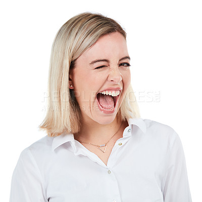Buy stock photo Woman, face and portrait with wink and happiness, female flirting in a studio isolated on white background. Freedom, fun and smile with happy person headshot, playful with joke and silly with emoji