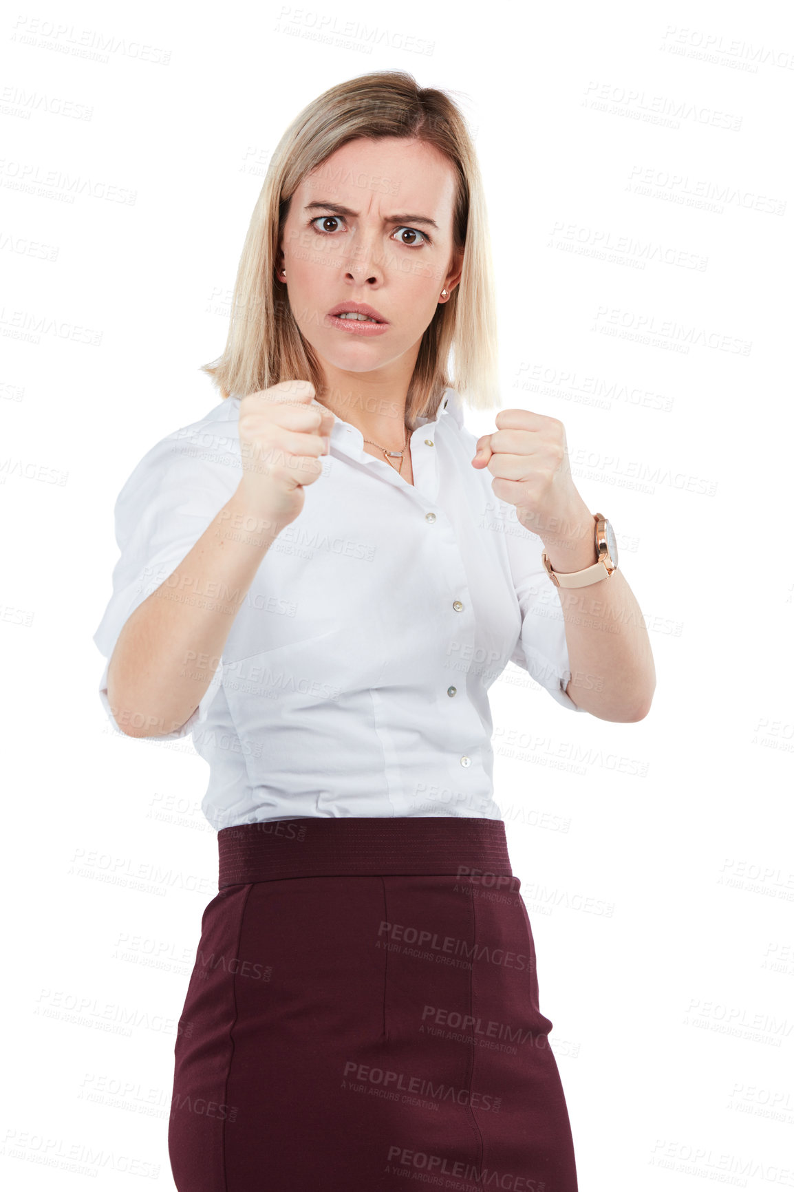 Buy stock photo Portrait, fight and woman with anger, fist and person isolated on white studio background. Young female employee, lady and gesture for fighting, argue and angry with attitude, warning and threatening