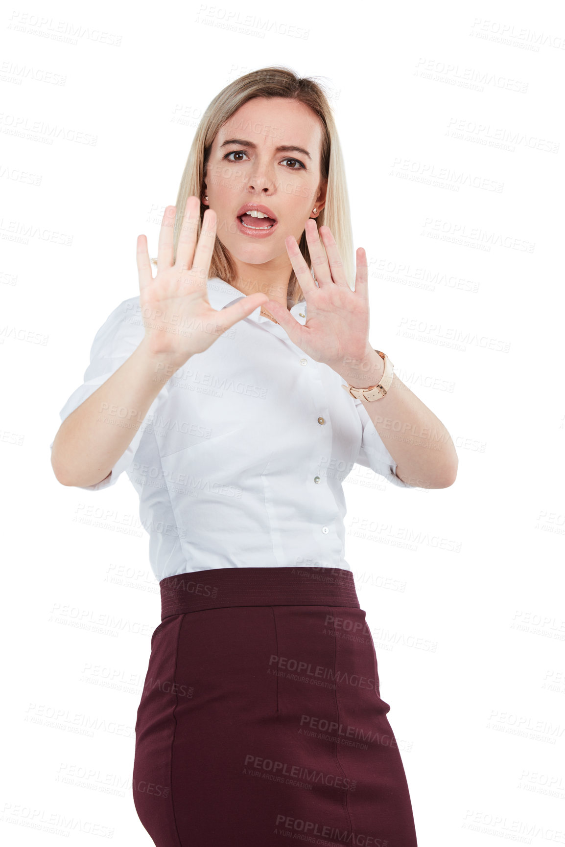 Buy stock photo Warning, stop and portrait of a woman with hands isolated on a white background. Unhappy, frustrated and angry girl with a hand gesture for stopping, defending or problem on a studio background