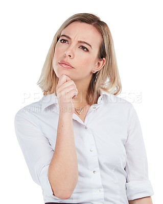 Buy stock photo Focus, business and woman thinking, decision and leader isolated on white studio background. Female employee, entrepreneur and manager with ideas, opportunity or mindset for company or corporate deal