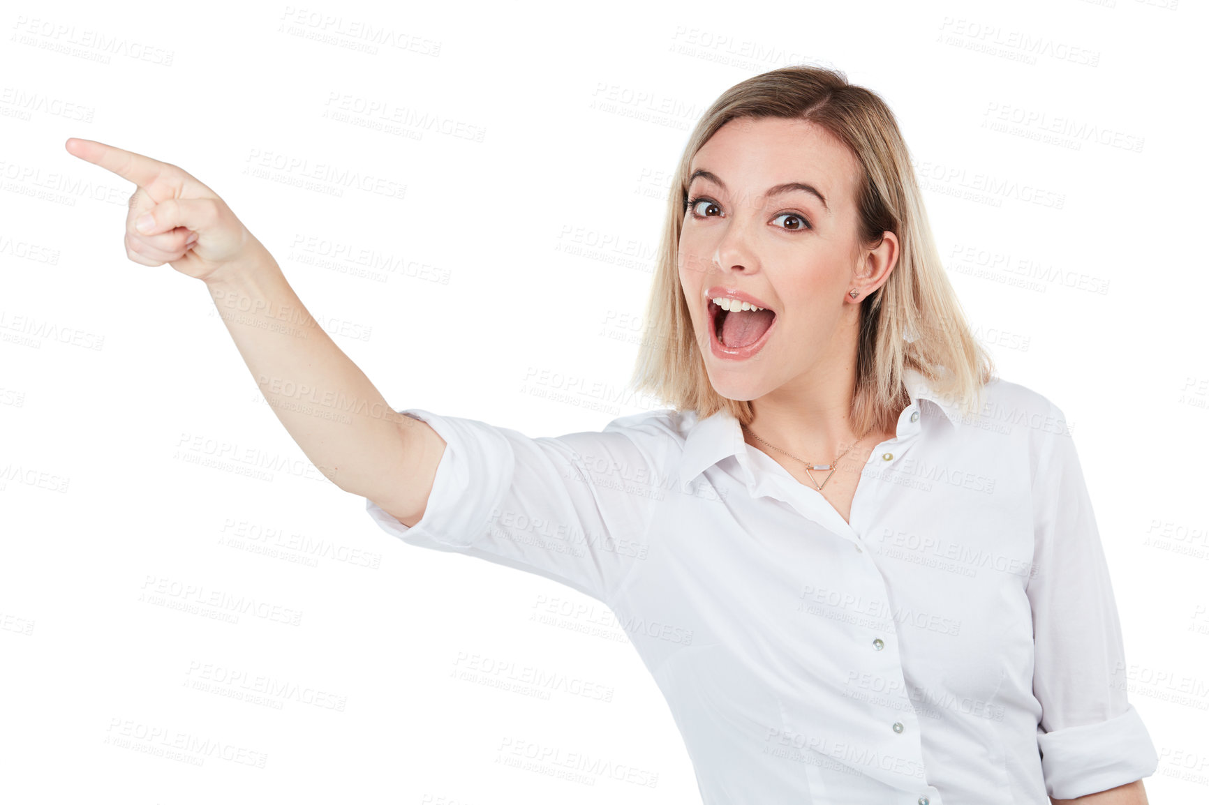 Buy stock photo Advertising, promotion and woman pointing finger on a white background for deal, discount and promo sign. Mockup, display and hand gesture of isolated girl for presenting, sale news and announcement
