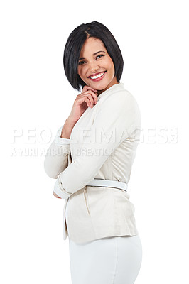 Buy stock photo Happy, confident and portrait of a beautiful woman isolated on a white background in a studio. Smile, professional pride and young stylish employee with class, ambition and elegance on a backdrop